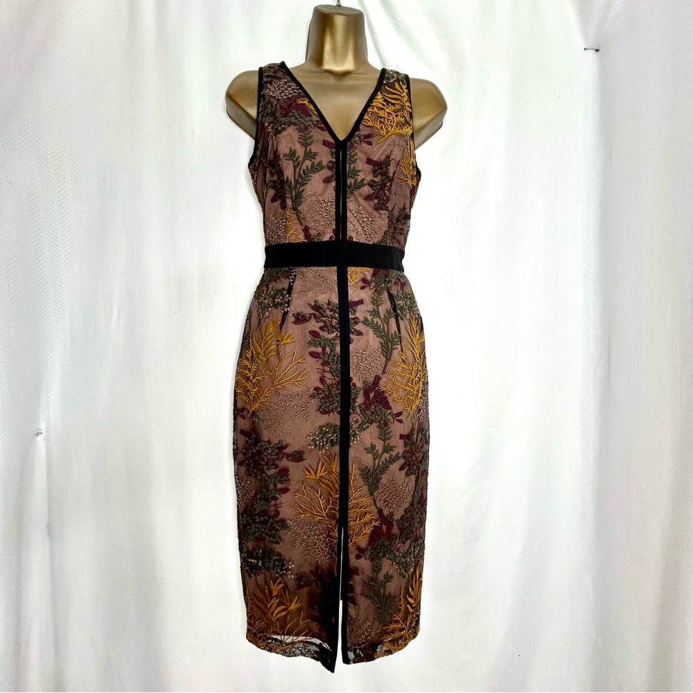 Harlyn black midi sheath dress embroidered sleeveless floral mesh garden event